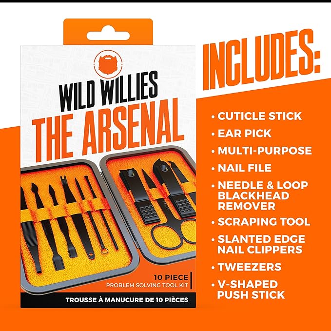 Wild Willies 10-Piece Pedicure & Manicure Kit for Men & Women - Includes Nail Clippers, Scissors, Tweezers, Files - Compact Travel Nail Grooming Kit, Mens Nail Care Set