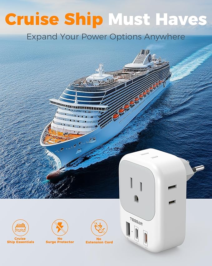 TESSAN Switzerland Travel Plug Adapter PD 20W, 2 Pack Type J Switzerland Power Adapter with 4 Outlets 3 USB (2 USB-C), Swiss Plug for US to Rwanda Jordan Liechtenstein Madagascar, Travel Essentials