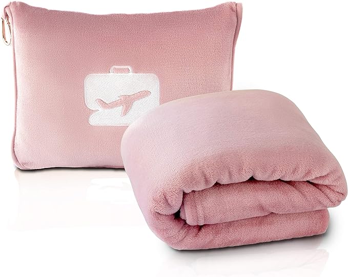 EverSnug Travel Blanket and Pillow - Ultra-Soft, Compact & Lightweight, 65x40 Inches, with Carry Case, Luggage Sleeve & Backpack Clip for Airplane Comfort (Light Pink)