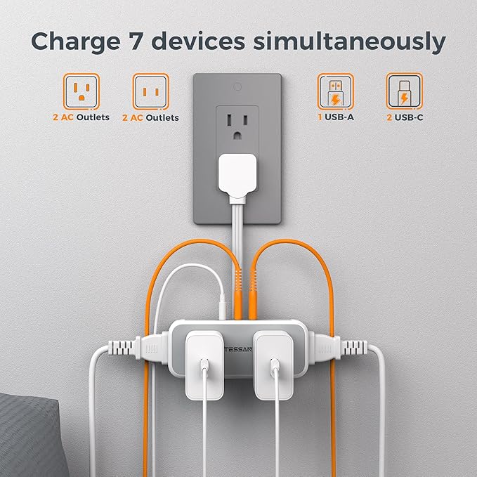 TESSAN Short Extension Cord 0.5Ft, Flat Plug Outlet Extender with 4 Widely AC with 3 USB Ports (2 USB C), Multi Plug Small Power Strip for Travel, Home, College Dorm Essentials, Gray