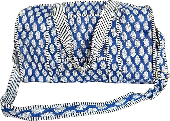 ATOSII Large Duffle Bag, Handblock Print 100% Quilted Cotton for Overnight Trip, Travel Weekender, Luggage, 2 Pockets with Zipper, 1 Front Pocket, Detachable Long Strap, 20 X 10 X 12 Inches, Celeste