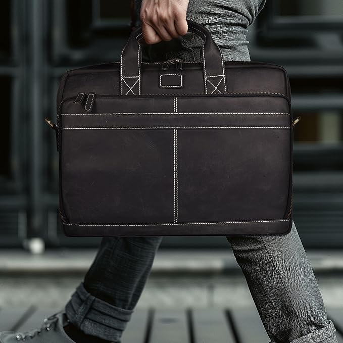 LEATHER VILLAGE 18" Leather Laptop Messenger Briefcase Bag for Men-Leather Satchel for Travel and Office Shoulder Bag- Black