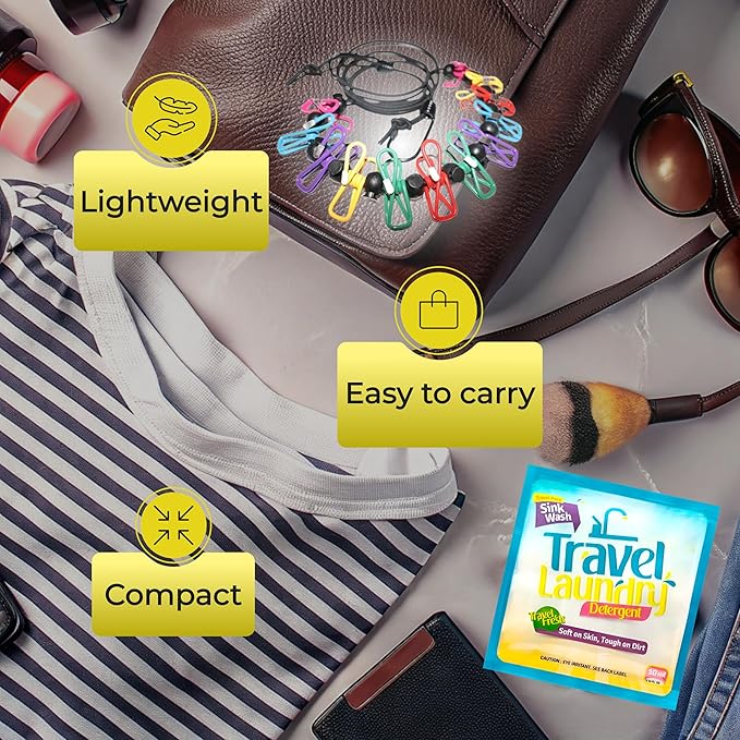 TidyFriend 8 Pack Sink Travel Laundry Detergent 10 ml + Clothes Line with 12 Clip, Portable Clothesline Kit, Travel Detergent Packets for Sink Washing, Must Haves Laundry Essentials