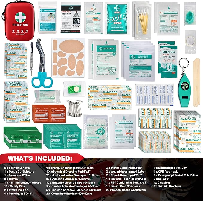 General Medi First Aid Kit - 170 Pieces Hard Case and Lightweight - Great for Travel, Home, Office, Vehicle, Camping, Workplace & Outdoor (Red)