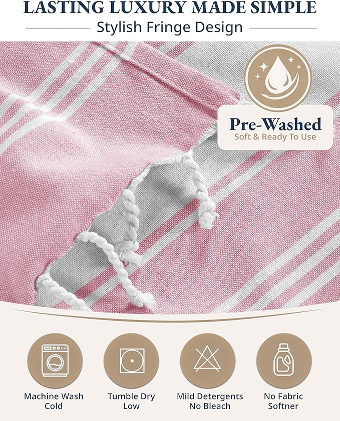LANE LINEN Turkish Beach Towels, 2 Pack Extra Large Beach Towel, Pre-Washed for Soft Feel, Oversized Sand Free Quick-Dry Pool Towel, Beach Towels for Adults, 39"x71" - Candy Pink