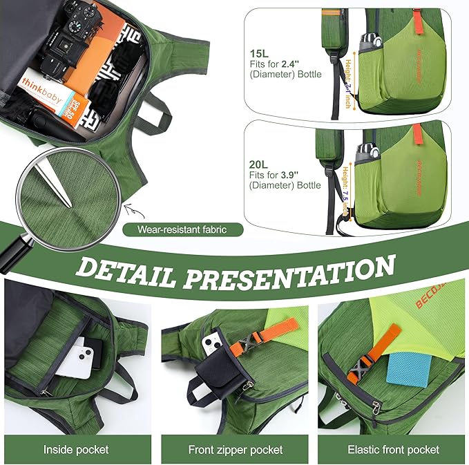 BECOJADDE 20L Small Hiking Backpack for Men Women Foldable Packable Back Pack Ultralight Hiking Daypack for Travel Camping Outdoor, Olive Green