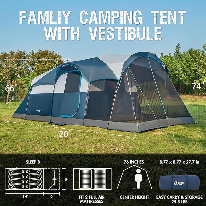 PORTAL 6/8/10 Person Family Camping Tent with Screen Room, Water Resistant Big Tunnel Tents with Rainfly, Large Family Tent for Camping, Outdoor, Patio