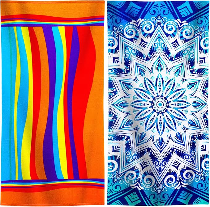 2 Packs Oversized Beach Towel Set Extra Large Big XL Pool Camping Swim Clearance Towels 36x72 Soft Blanket Cruise Essentials Accessories Must Haves Vacation Necessities Adult Blue Flower Stripe
