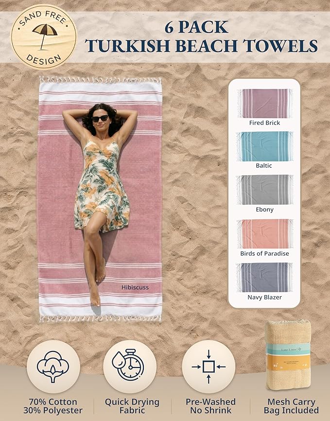 LANE LINEN 6-Pack Oversized Pre-Washed Beach Towels, Stylish Quick-Dry Pool & Travel Towels for Adults, 39"x71" - Diamond Multi Colors