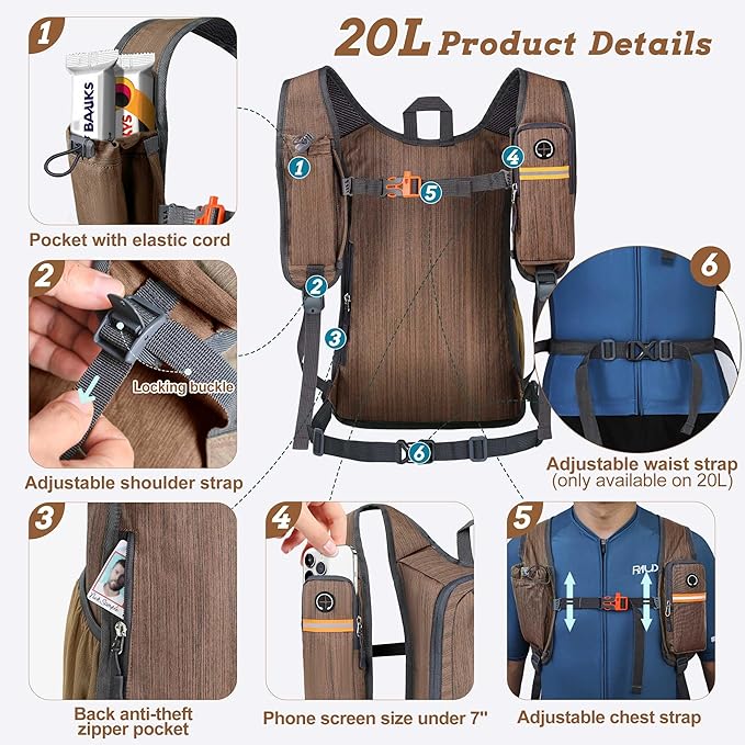 BECOJADDE 20L Small Hiking Backpack for Men Women Foldable Packable Back Pack Ultralight Hiking Daypack for Travel Camping Outdoor, Chocolate Brown