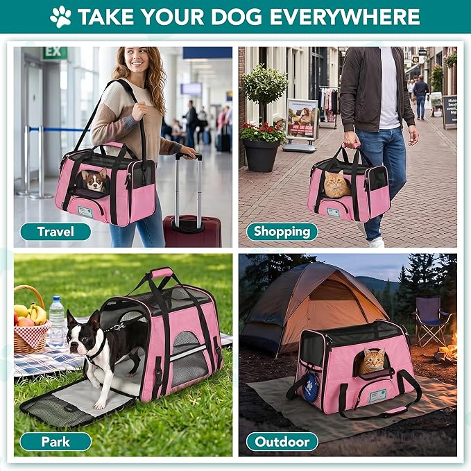 PetAmi Airline Approved Pet Carrier for Cats & Small Dogs, Soft Sided TSA Travel Carrier Bag with Sherpa Bed, Breathable Mesh Ventilation, Collapsible Bowl, Fits Under Seat, Up to 18 lbs, Small Pink