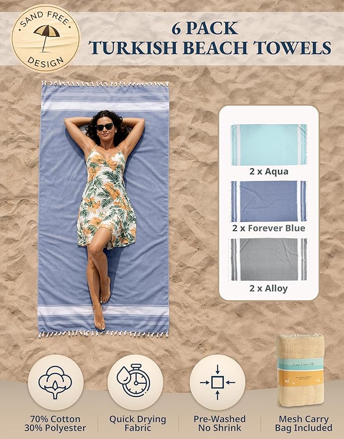 LANE LINEN Pool Towels, Turkish Beach Towels Oversized Set of 6, Pre-Washed, No Shrink, Quick Dry Travel Towel, Beach Towel for Women, Absorbent & Sand Free Towel, 39"x71" - Tropical Color