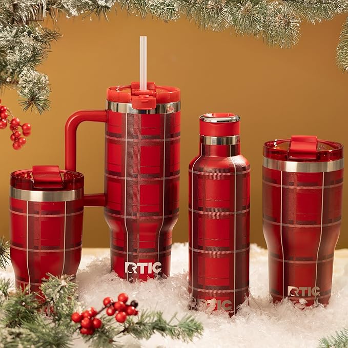 RTIC 30oz Essential Tumbler with Lid, Ceramic Lined, Insulated, Stainless Steel, Metal, Double Wall Vacuum-Insulation, Travel Cup for Iced Coffee, Tea, Hot and Cold Drink, Red Plaid