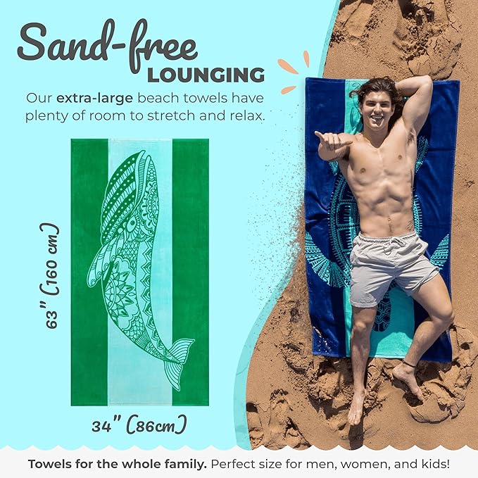 Nova Blue Whale Beach Towel (34 X 63) – Green Oversized Beach Towel with Whale Design Quick Dry BeachTowels Made from 100% Cotton – Sand Free Beach Towels – Extra Large BeachTowel