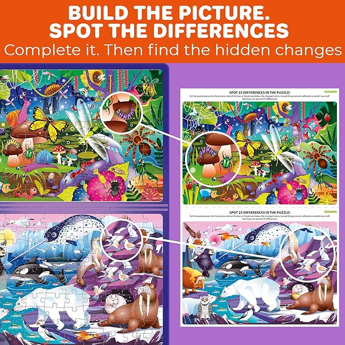 QUOKKA Magnetic Puzzles for Kids Ages 4-6 – 100 PCS Magnetic Puzzle Book for Toddlers 3-5 – 2 Puzzles & 2 Spot The Difference Maps – Search & Find Travel Games – Activity Book Bugs & Polar Animals