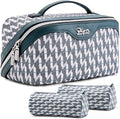 BOYATU Travel Makeup Bags for Women: Large Capacity Cosmetic Bag Set of 3 - Vegan Leather Make up Bags with Compartments - Wide Open Waterproof Toiletry Organizer Bag with Handle (P-01-Royal blue)