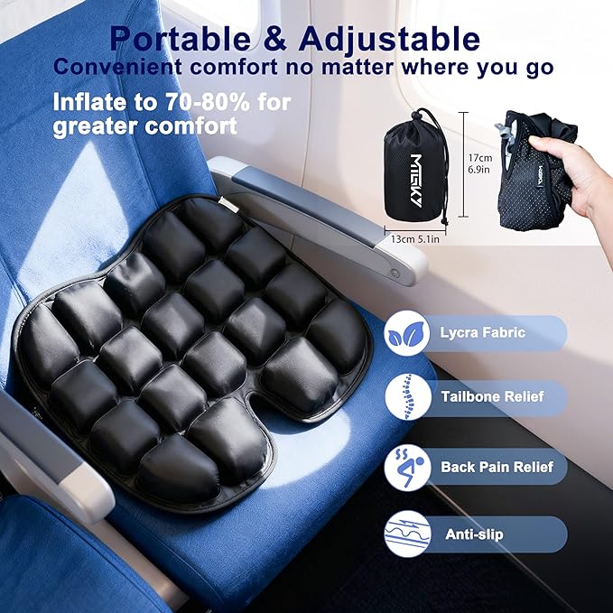 Upgrade Travel Seat Cushion for Airplane,Portable&Adjustable Air Seat Cushion,Coccyx Tailbone Pain Relief Chair Pad,Inflatable Cushion for Wheelchair, Travel,Driving,Office Work