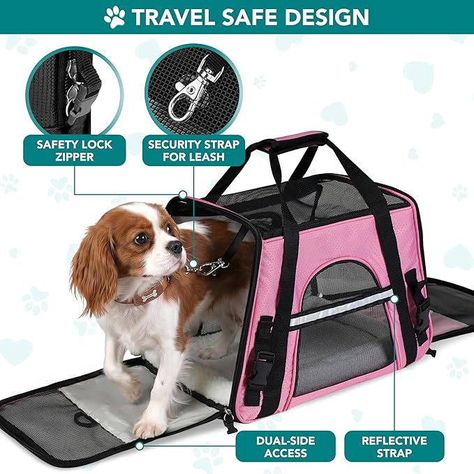 PetAmi Airline Approved Pet Carrier for Cats & Small Dogs, Soft Sided TSA Travel Carrier Bag with Sherpa Bed, Breathable Mesh Ventilation, Collapsible Bowl, Fits Under Seat, Up to 18 lbs, Small Pink