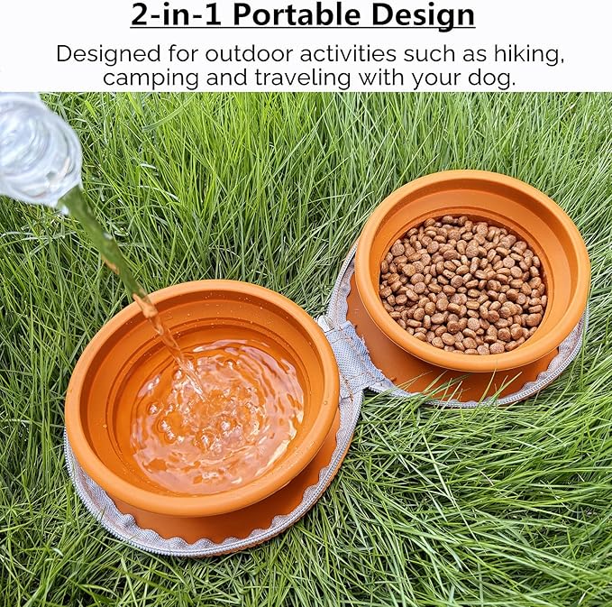 Collapsible Dog Bowls, Portable Dog Bowl, Travel Water Bowl for Dogs Camping Essentials, 2-in-1 Water Food Feeder Double Bowl for Traveling Camping Walking Hiking (Brown)