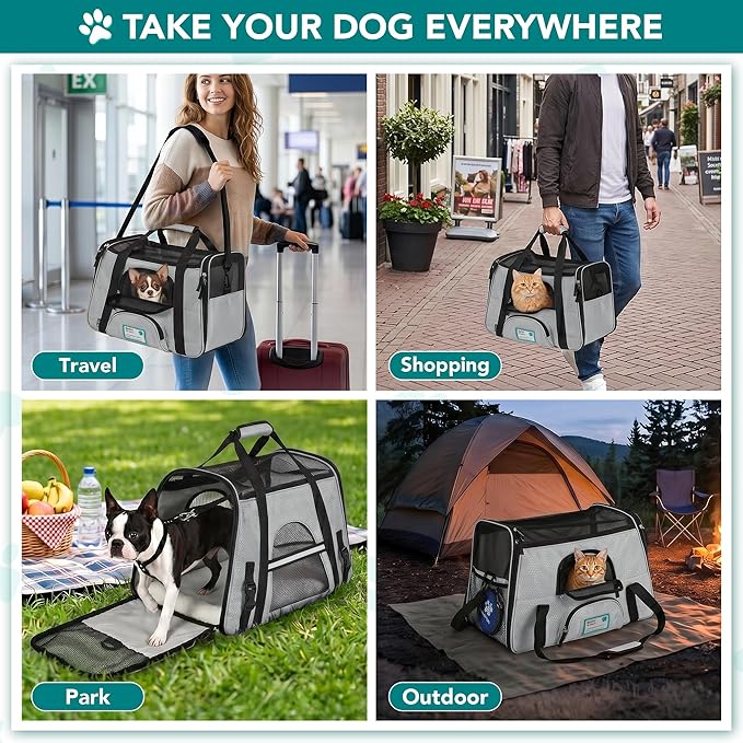 PetAmi Airline Approved Pet Carrier for Cats & Small Dogs, Soft Sided TSA Travel Carrier Bag with Sherpa Bed, Breathable Mesh Ventilation, Collapsible Bowl, Fits Under Seat, Up to 18 lbs, Large Gray