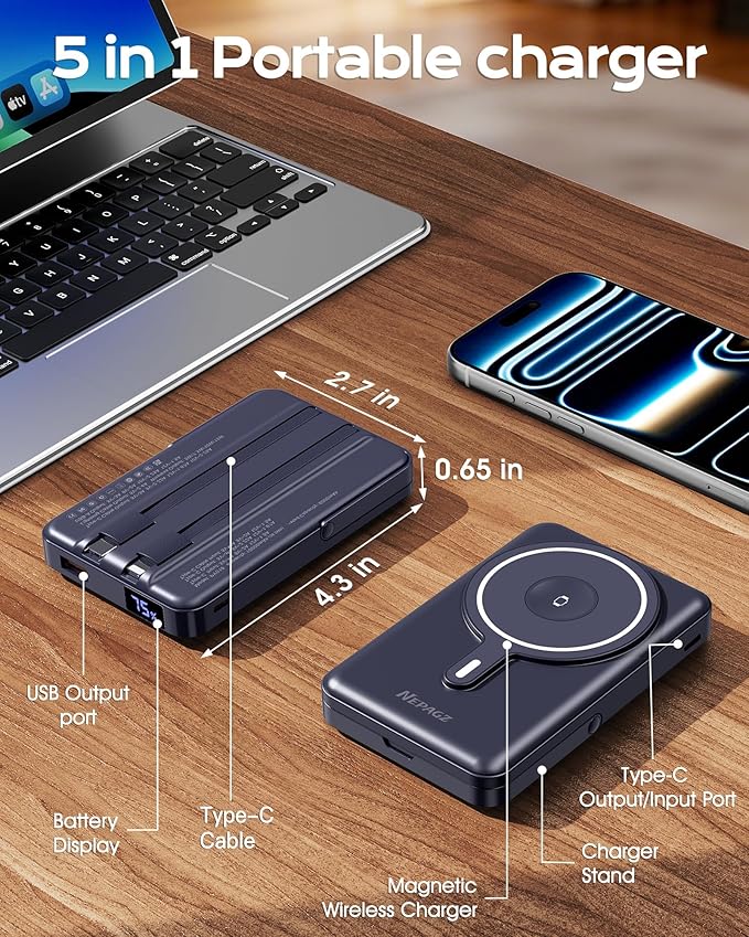 for Magsafe Portable Charger, 10000mAh Magnetic Power Bank with Foldable Stand, PD 22.5W Fast Charging with USB-C Cable, Wireless Portable Charger for iPhone 17/16/15/14/13/12 Series, Blue