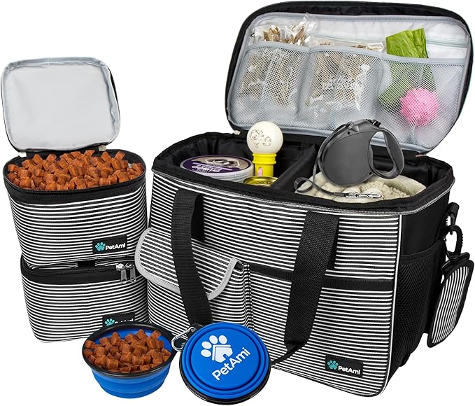 PetAmi Dog Travel Bag, Travel Pet Bag Organizer, Dog Food Travel Bag with Container Collapsible Bowls, Pet Travel Supplies Gift Accessories Weekend Camping, Puppy Cat Diaper Bag, Stripe Black Medium
