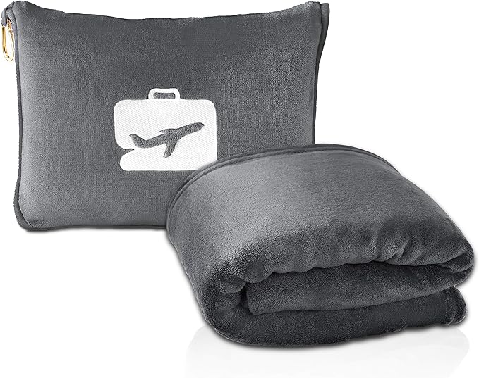 EverSnug Travel Friendly Blanket and Pillow Bundle – Airplane Travel Accessories with Soft Bag Pillowcase for Women & Kids, Hand Luggage Sleeve and Backpack Clip | Color Includes Navy Blue & Grey