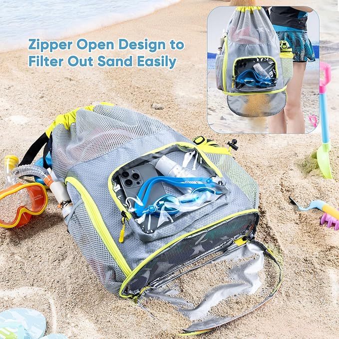 Mesh Drawstring Backpack with Shoe Compartment, Sandproof Beach Swim Bag with Wet Pocket, Pool Gym Shower Bag for Travel Summer Camp
