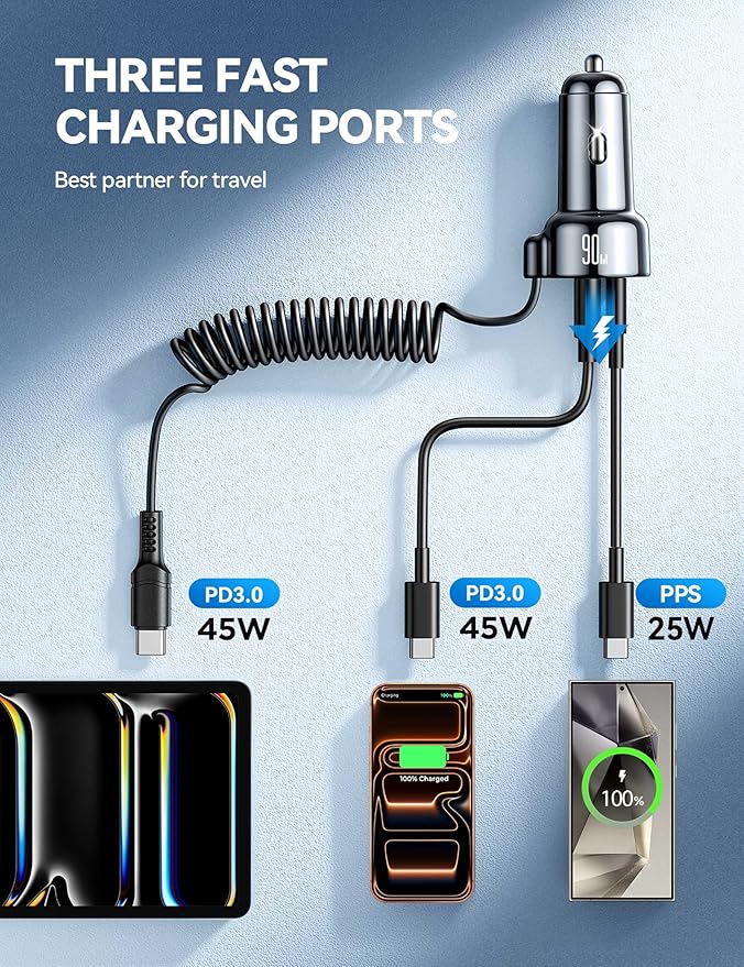 USB C 90W Car Charger for iPhone 17/16 Pro Max, PD & QC3.0 w/5 ft 45W Type Coiled Cable, Fast Car Phone Charger Adapter for iPhone 17Air/15 Pro, Samsung Galaxy S25/S24/S23, Pixel 10/LG/Android, iPad