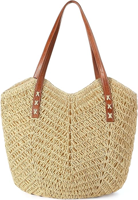Beach Bags for Women - Straw Bag with Zipper, Soft Woven beach bag, Casual Straw Shoulder Bag for Daily Use