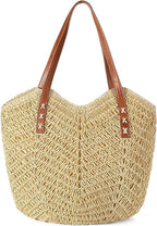 Beach Bags for Women - Straw Bag with Zipper, Soft Woven beach bag, Casual Straw Shoulder Bag for Daily Use