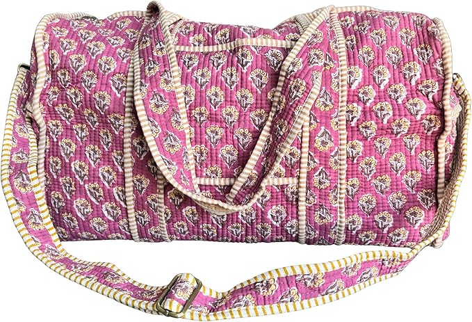 ATOSII Large Duffle Bag, Handblock Print 100% Quilted Cotton for Overnight Trip, Travel Weekender, Luggage, 2 Pockets with Zipper, 1 Front Pocket, Detachable Long Strap, 20 X 10 X 12 Inches, Berry