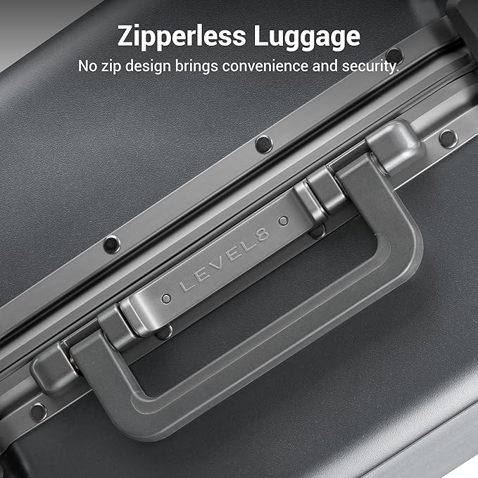 LEVEL8 Zipperless Carry On Luggage Airline Approved with Aluminum Frame, Hard Shell Suitcase with Spinner Wheels, Metal Checked Luggage, 20 Inch, Grey