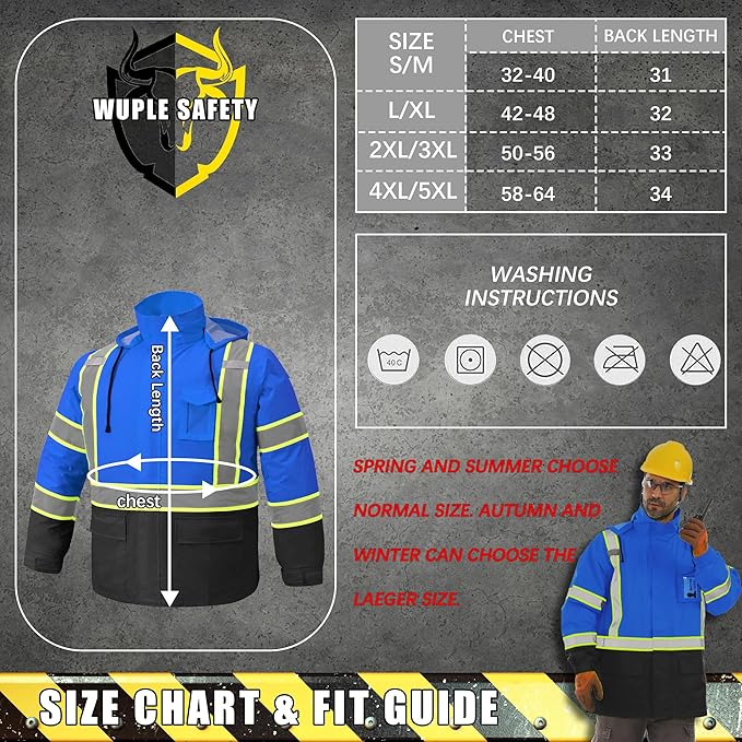 Hi Vis Safety Rain Jacket for Men Women Waterproof Breathable Rain Gears with Mesh Lining Black Bottom Lightweight Work Jacket Blue L/XL