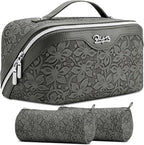 BOYATU Travel Makeup Bag Cosmetic Bags for Women: Large Capacity 3 Pcs Set Make up Bag with Compartments - Waterproof Vegan Leather Toiletry Organizer Bags with Handle (Z-62Grey)
