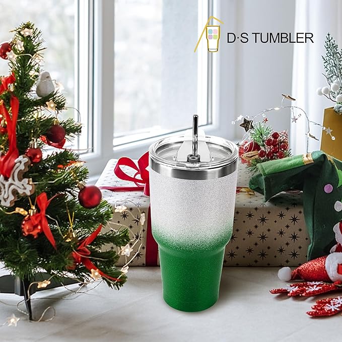 D·S 30 oz Tumbler Christmas Green Glitter Gradient Cup Stainless Steel Double Wall Vacuum Insulated Mug with Straw and Lid, Cleaning Brush for Cold and Hot Beverages