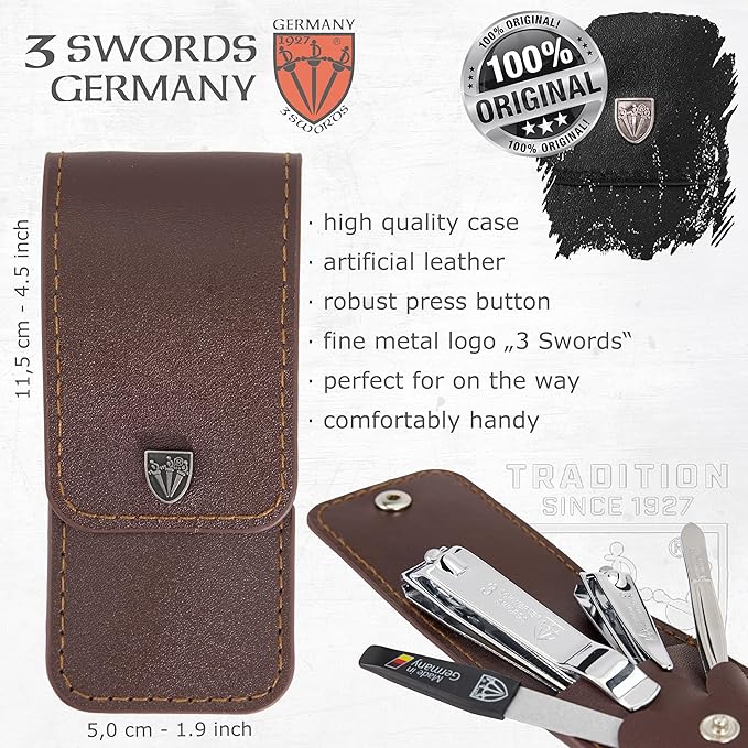 3 Swords Germany - Brand Quality 4 piece Manicure Pedicure Grooming kit Set for Professional Finger & Toe Nail Care Tweezers File Clipper Brown Synthetic Leather case - Made by 3 Swords