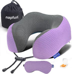 napfun Neck Pillow for Travel with Travel Pouch, Sleep Mask & Earplugs, Memory Foam Airplane Pillow for Headrest Sleep with Eyeshades, Plane Essentials with Eye Blindfold, Light Purple Striped Kit