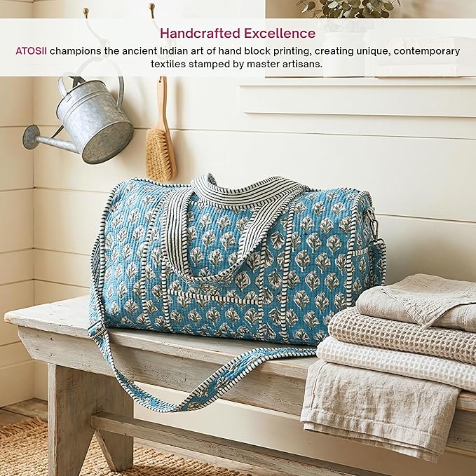 ATOSII Handblock Print 100% Cotton Large Quilted Duffle Bag for Overnight Trip, Travel Weekend Bag, Luggage, 2 Pockets with Zipper, 1 Front Pocket, Detachable Long Strap, 20 X 10 X 12 Inches, Nilo