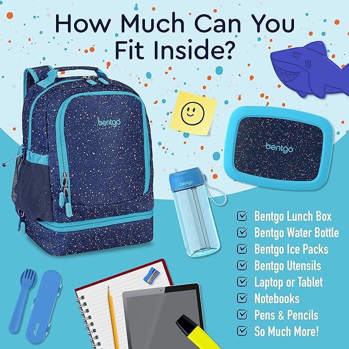 Bentgo Kids 2-in-1 Backpack & Insulated Lunch Bag - Confetti Designed 16” Backpack for School & Travel -, Durable, Water Resistant, Padded, & Large Compartments (Confetti Edition - Abyss Blue)