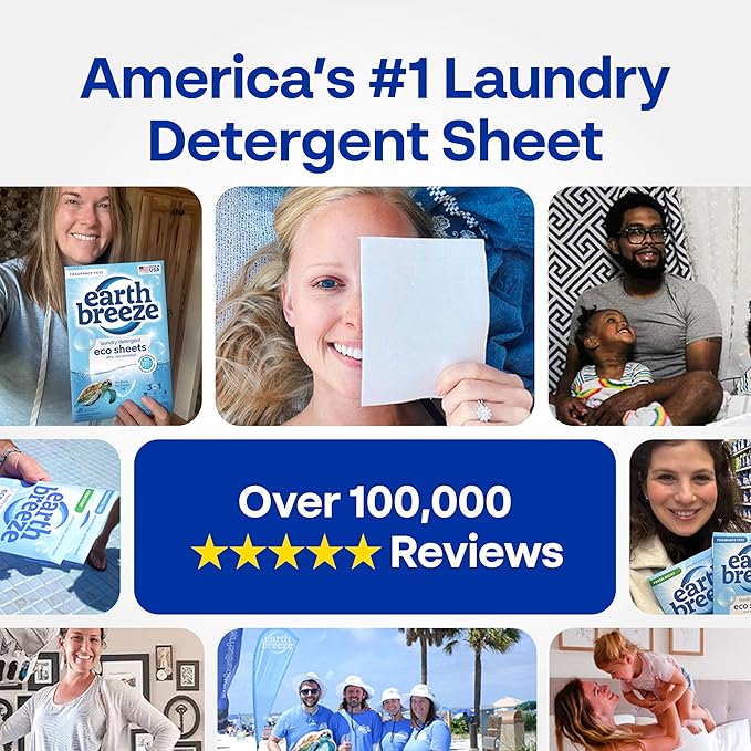 Earth Breeze Laundry Detergent Sheets Fragrance-Free - 60 Loads Eco Liquidless Soap - Travel-Friendly for Hot & Cold Cycles, Tackles Tough Stains & Odors - Gentle on Sensitive Skin, 30 Ct