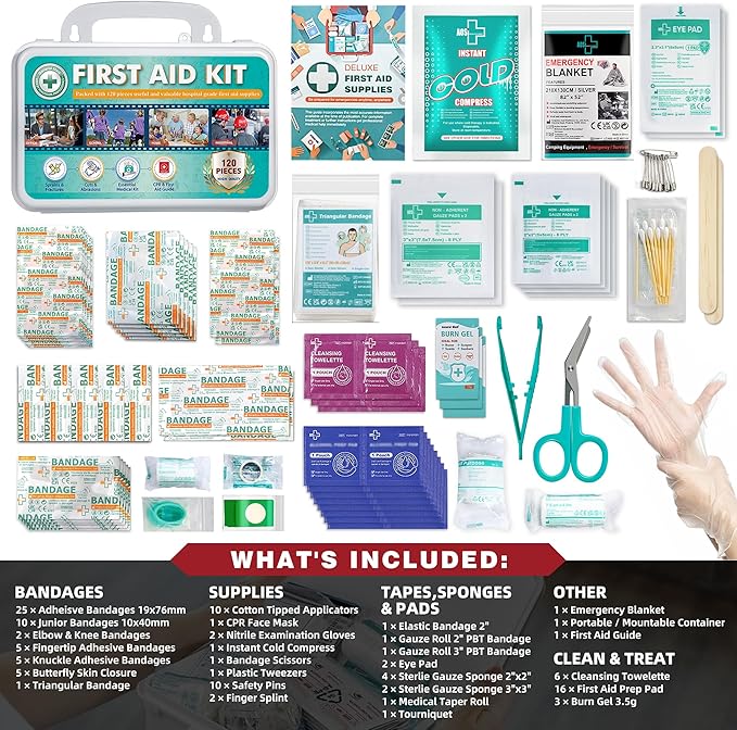 General Medi 120 Pieces Hardcase First Aid Kit - First Aid Box Includes Instant Cold Pack, Emergency Blanket for Travel, Home, Office, Vehicle, Camping, Workplace & Outdoor