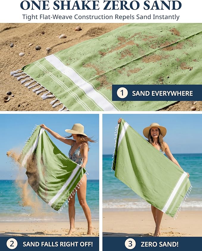 LANE LINEN Turkish Beach Towel 2 Pack, Oversized Beach Towel 39"x71", Lightweight Beach Essentials for Women, Large Pool Towel, Absorbent & Quick Dry, Sand Free Beach Towel - Jade Lime