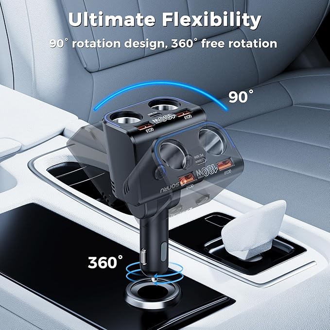 SONRU 180W Cigarette Lighter Splitter, 30W PD & Dual QC3.0 Car Charger Adapter,24V/12V Car USB Adapter 2-Socket with Voltmeter Fast Charging for iPhone 17/16/15 Car Devices