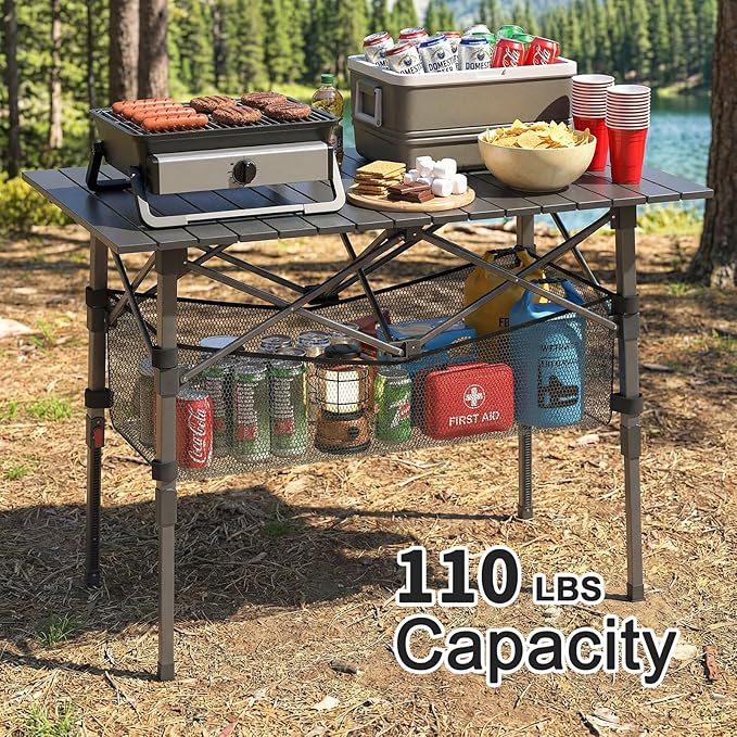 Portable Camping Table with Adjustable Height Legs, Lightweight Aluminum Roll-up beach tables for sand foldable，Folding Picnic Table Large Storage Basket for Outdoor camping (Black, Medium 37")