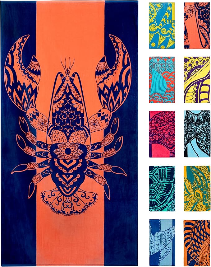 Nova Blue Lobster Beach Towel (34 X 63) - Solid Color Beach Towel Made from 100% Cotton – Coral Stripe Large Beach Towels with Tropical Design – Extra Large, XL Beach Blanket