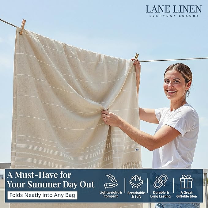 LANE LINEN Picnic Blankets - Turkish Beach Blanket Sandproof with Lightweight Quick Dry Design, 82"x82", Beach Summer Vacation Essentials for Relaxing, Park Outings or Yoga Mat – Beige