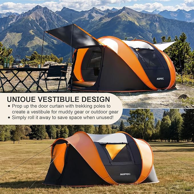 Pop Up Camping Tent, 2/4/6 Person Instant Tent Waterproof PU4500mm, Spacious Ventilated Camping Tent with Front Porch, Quick Setup Lightweight Portable for Outdoor Camping Hiking Beach