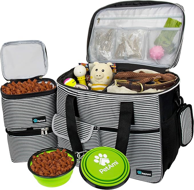 PetAmi Dog Travel Bag, Travel Pet Bag Organizer, Dog Food Travel Bag with Container Collapsible Bowls, Pet Travel Supplies Gift Accessories Weekend Camping, Puppy Cat Diaper Bag, Stripe Black Large