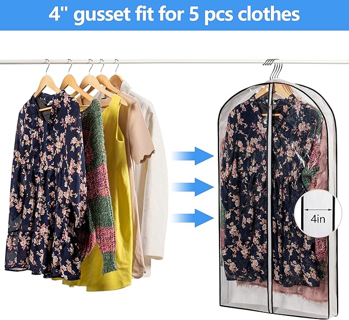 Mskitchen Hanging Clothes Storage with 4" Gusseted Garment Covers (Set of 6) - Clear Suit, Dress, Sweater, Shirt Protectors - 24"x 40"x 4" / 6 Pack